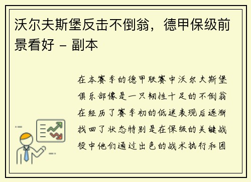 沃尔夫斯堡反击不倒翁，德甲保级前景看好 - 副本