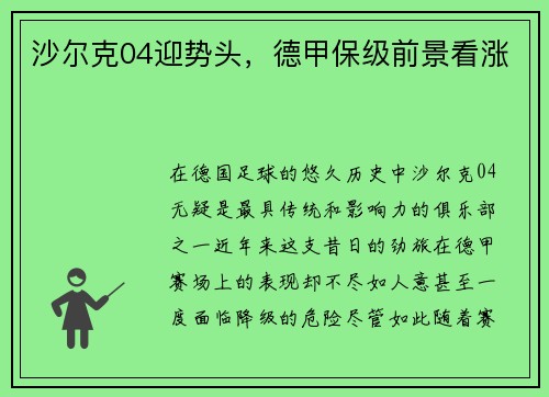 沙尔克04迎势头，德甲保级前景看涨